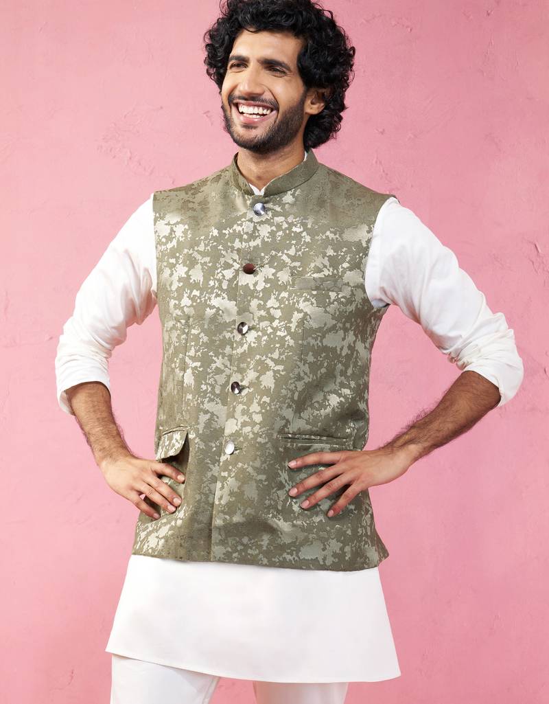 mehendi green monty jacquard nehru jacket - wedding abstract ethnic wear