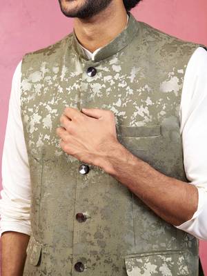 mehendi green monty jacquard nehru jacket - wedding abstract ethnic wear 3