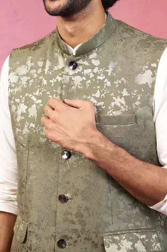 mehendi green monty jacquard nehru jacket - wedding abstract ethnic wear