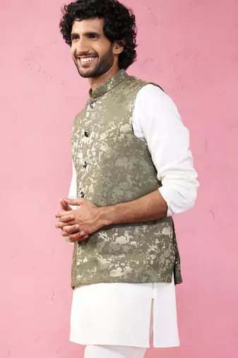 mehendi green monty jacquard nehru jacket - wedding abstract ethnic wear