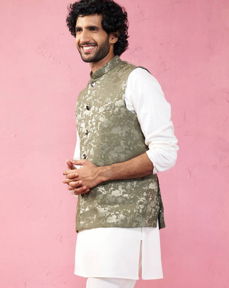 mehendi green monty jacquard nehru jacket - wedding abstract ethnic wear