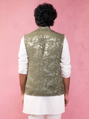 mehendi green monty jacquard nehru jacket - wedding abstract ethnic wear 5