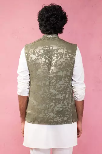 mehendi green monty jacquard nehru jacket - wedding abstract ethnic wear