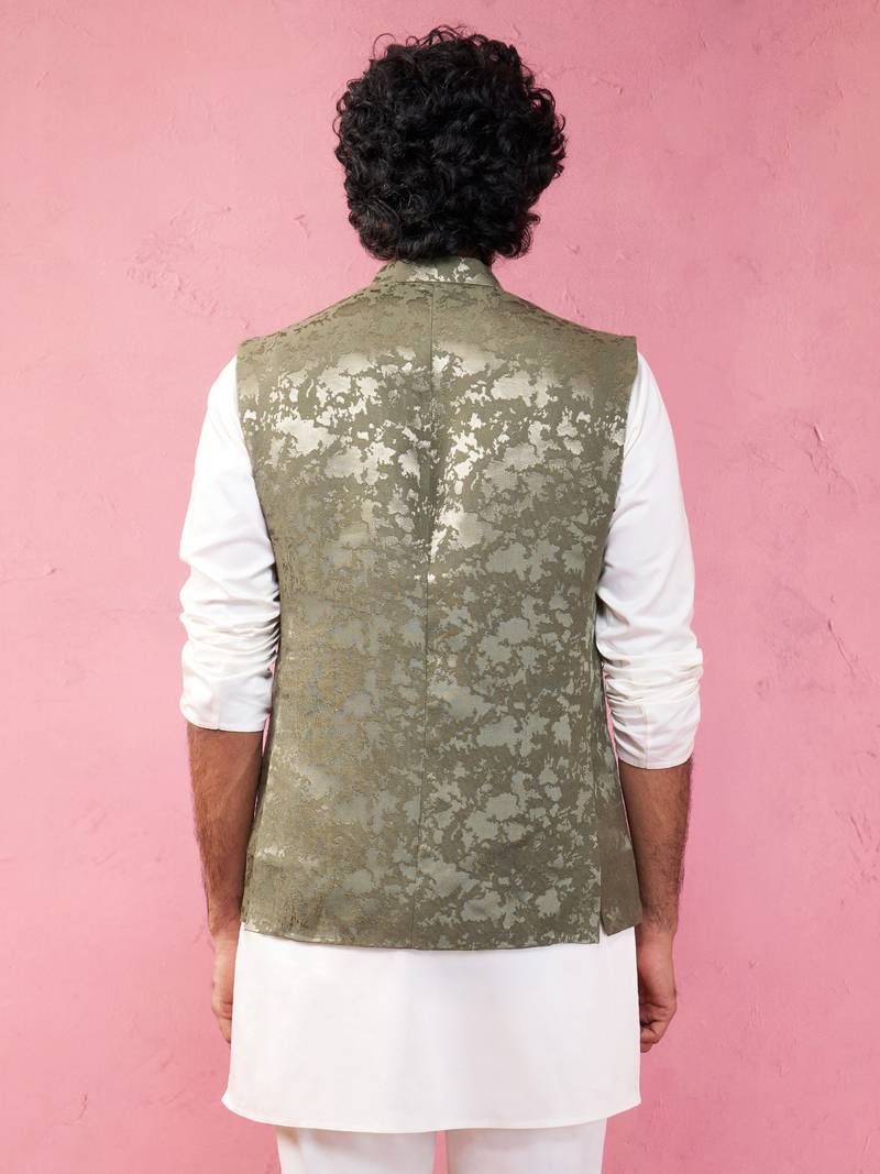 mehendi green monty jacquard nehru jacket - wedding abstract ethnic wear