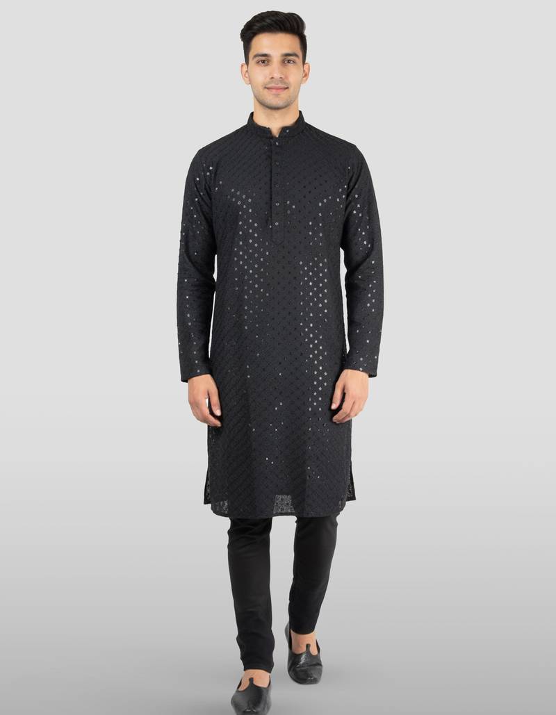 black embroidered kurta set - designer wedding wear with pyjama