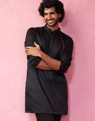 black fine satin kurta - premium wedding ethnic wear 1