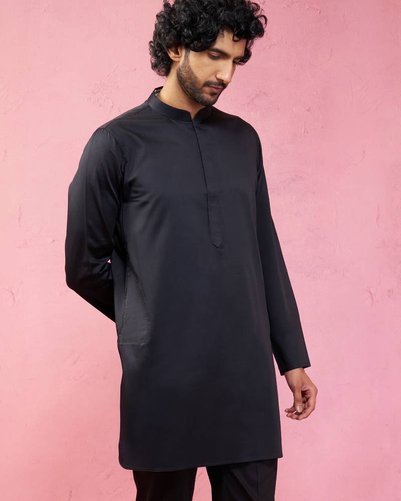 black fine satin kurta - premium wedding ethnic wear