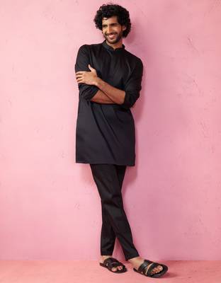 black fine satin kurta set with matching pant - formal ethnic set 1