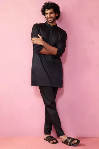 black fine satin kurta set with matching pant - formal ethnic set