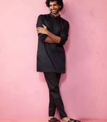 black fine satin kurta set with matching pant - formal ethnic set