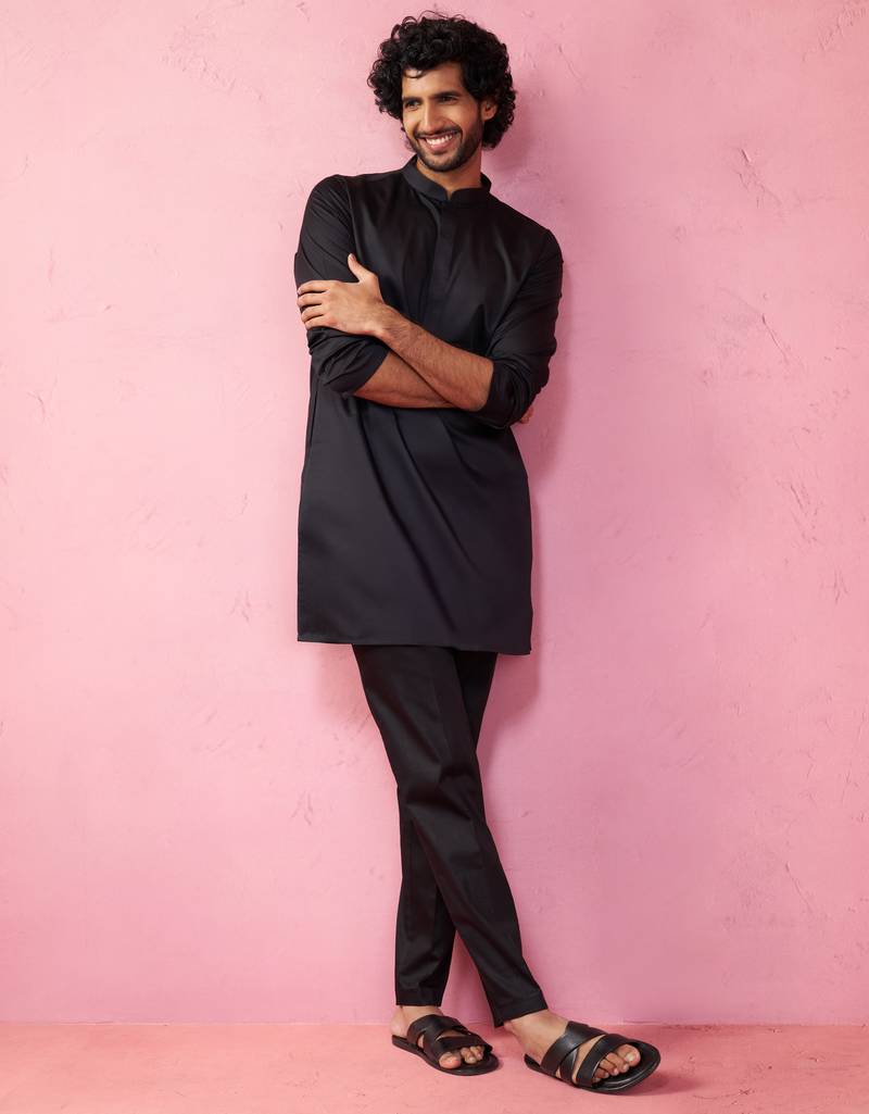 black fine satin kurta set with matching pant - formal ethnic set