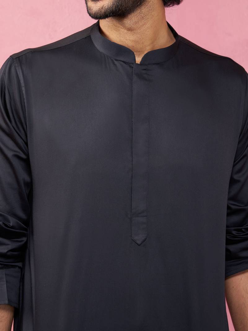 black fine satin kurta set with matching pant - formal ethnic set