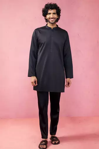 black fine satin kurta set with matching pant - formal ethnic set
