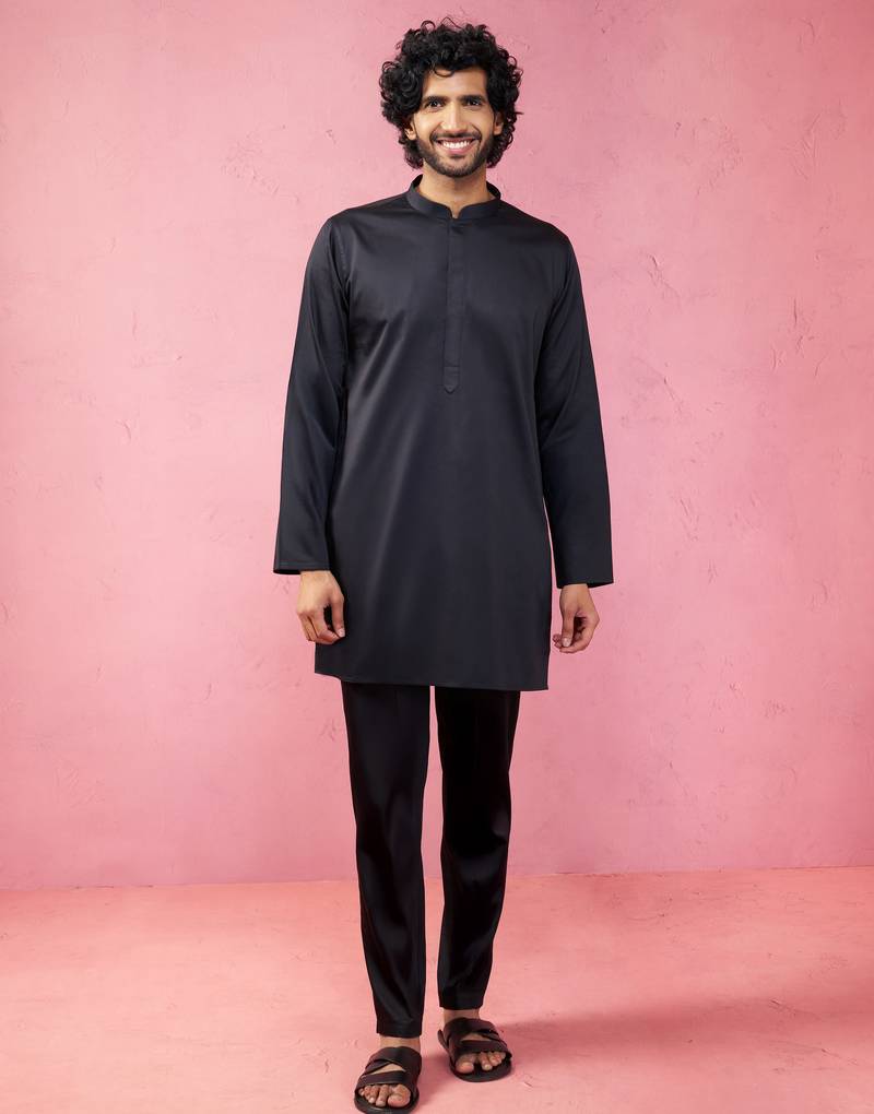 black fine satin kurta set with matching pant - formal ethnic set