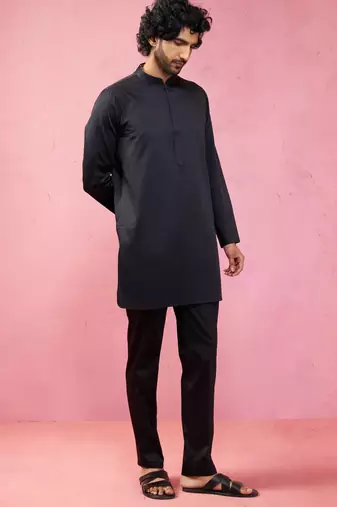 black fine satin kurta set with matching pant - formal ethnic set
