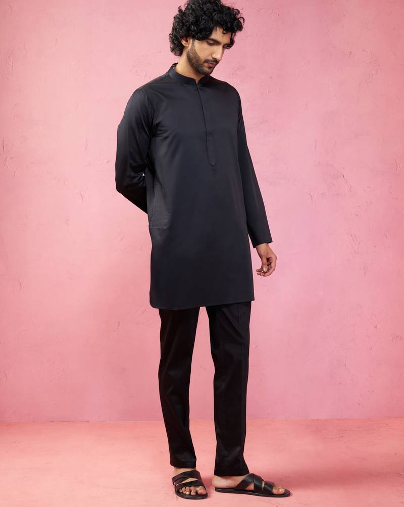 black fine satin kurta set with matching pant - formal ethnic set