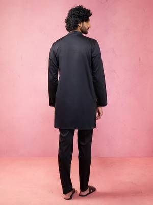 black fine satin kurta set with matching pant - formal ethnic set 5
