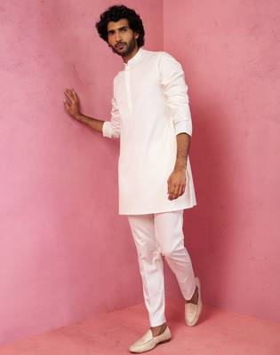 cream fine satin kurta set with matching pant - formal ethnic set 1