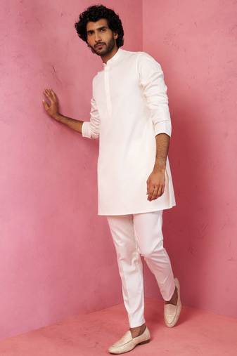 cream fine satin kurta set with matching pant - formal ethnic set
