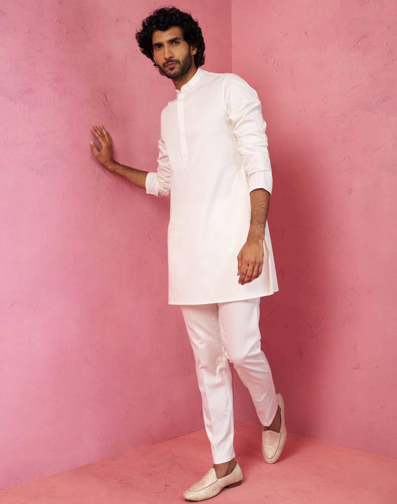 cream fine satin kurta set with matching pant - formal ethnic set