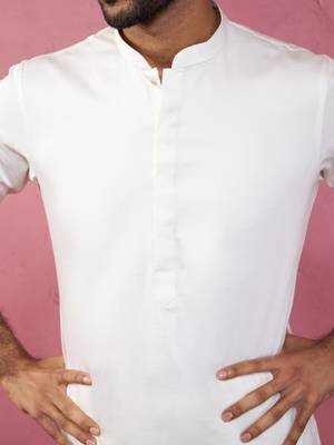 cream fine satin kurta set with matching pant - formal ethnic set 2