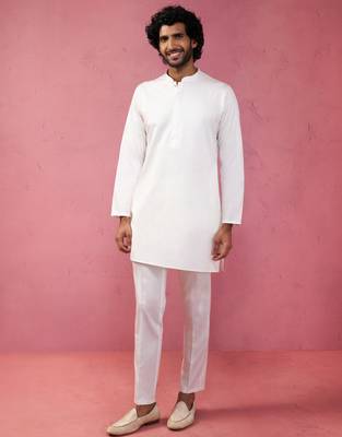 cream fine satin kurta set with matching pant - formal ethnic set 3