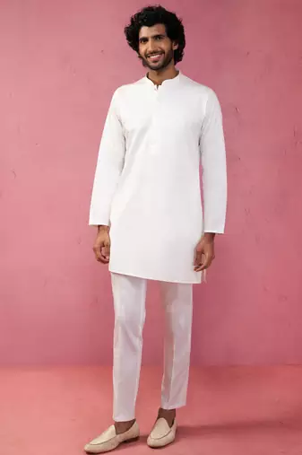 cream fine satin kurta set with matching pant - formal ethnic set