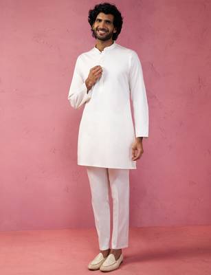 cream fine satin kurta set with matching pant - formal ethnic set 4
