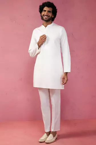 cream fine satin kurta set with matching pant - formal ethnic set
