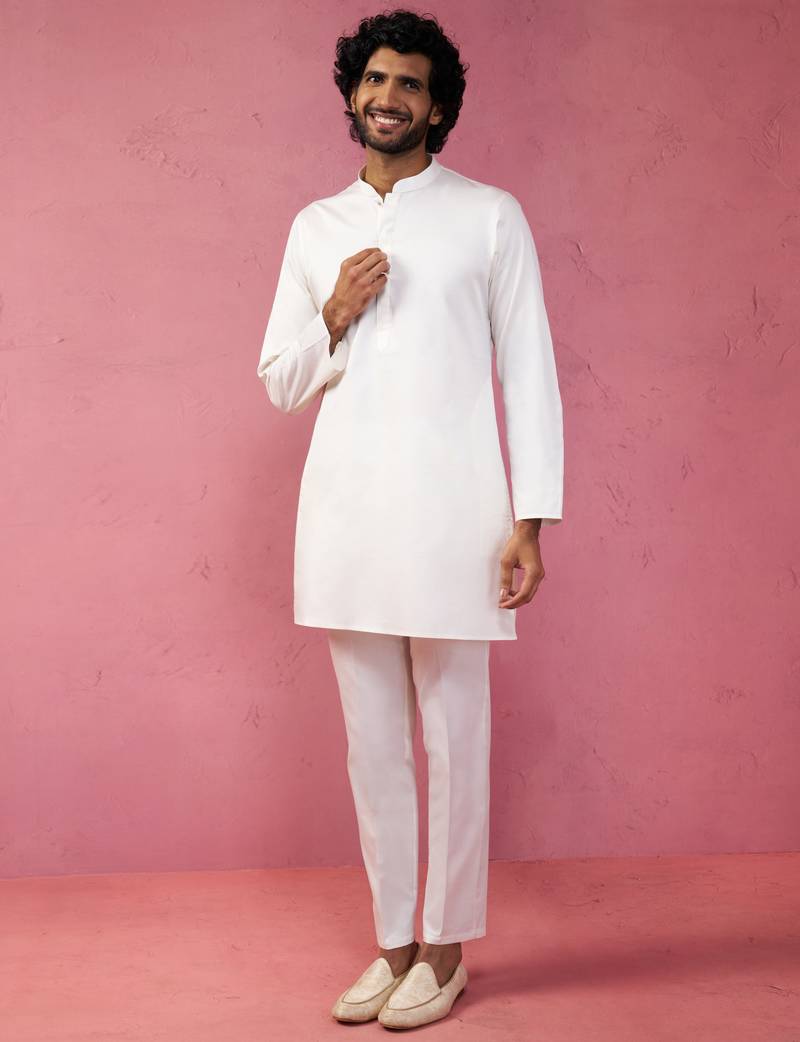 cream fine satin kurta set with matching pant - formal ethnic set