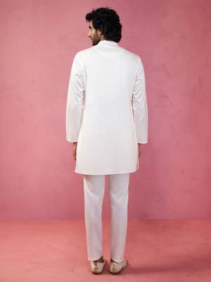 cream fine satin kurta set with matching pant - formal ethnic set 5