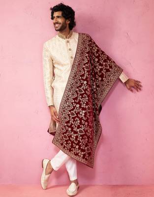 beige sherwani set with cream pyjama & maroon velvet dupatta - wedding set 1