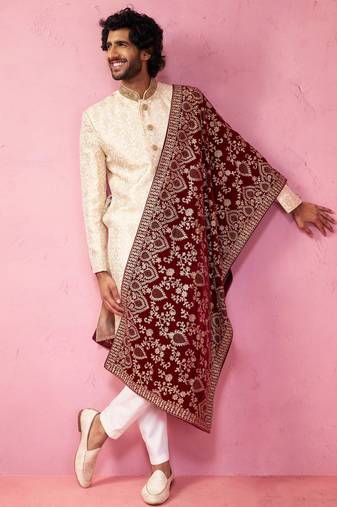 beige sherwani set with cream pyjama & maroon velvet dupatta - wedding set