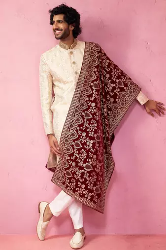 beige sherwani set with cream pyjama & maroon velvet dupatta - wedding set