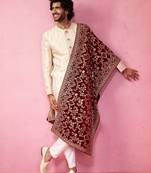 beige sherwani set with cream pyjama & maroon velvet dupatta - wedding set