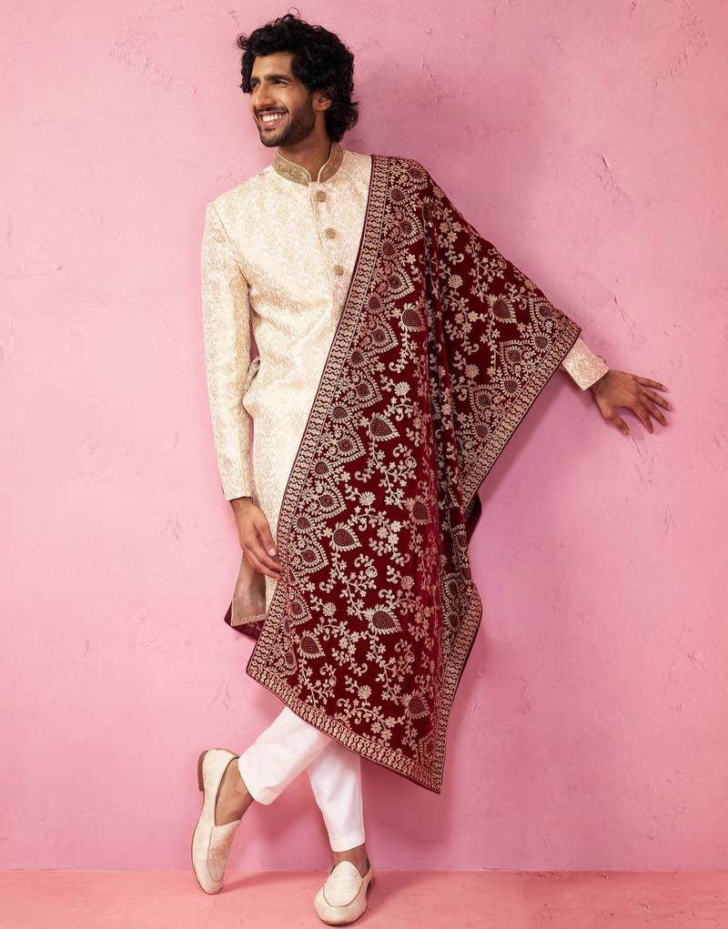 beige sherwani set with cream pyjama & maroon velvet dupatta - wedding set