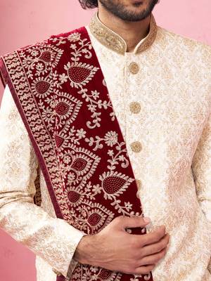 beige sherwani set with cream pyjama & maroon velvet dupatta - wedding set 2