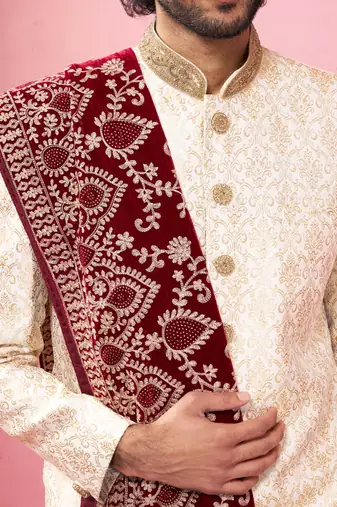 beige sherwani set with cream pyjama & maroon velvet dupatta - wedding set