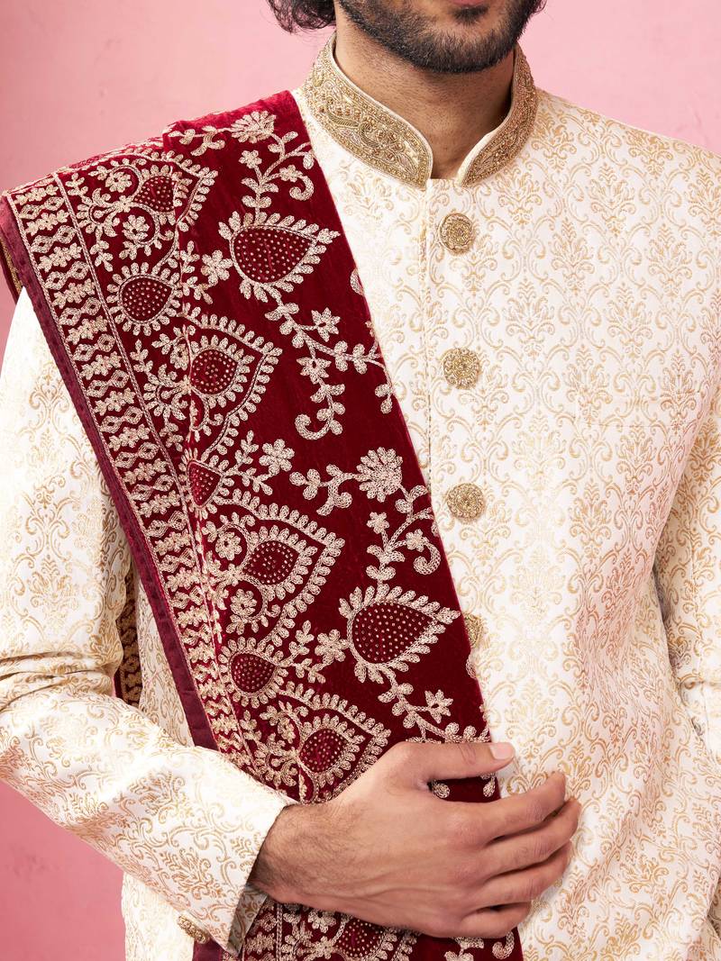 beige sherwani set with cream pyjama & maroon velvet dupatta - wedding set