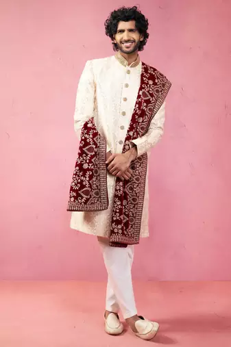 beige sherwani set with cream pyjama & maroon velvet dupatta - wedding set