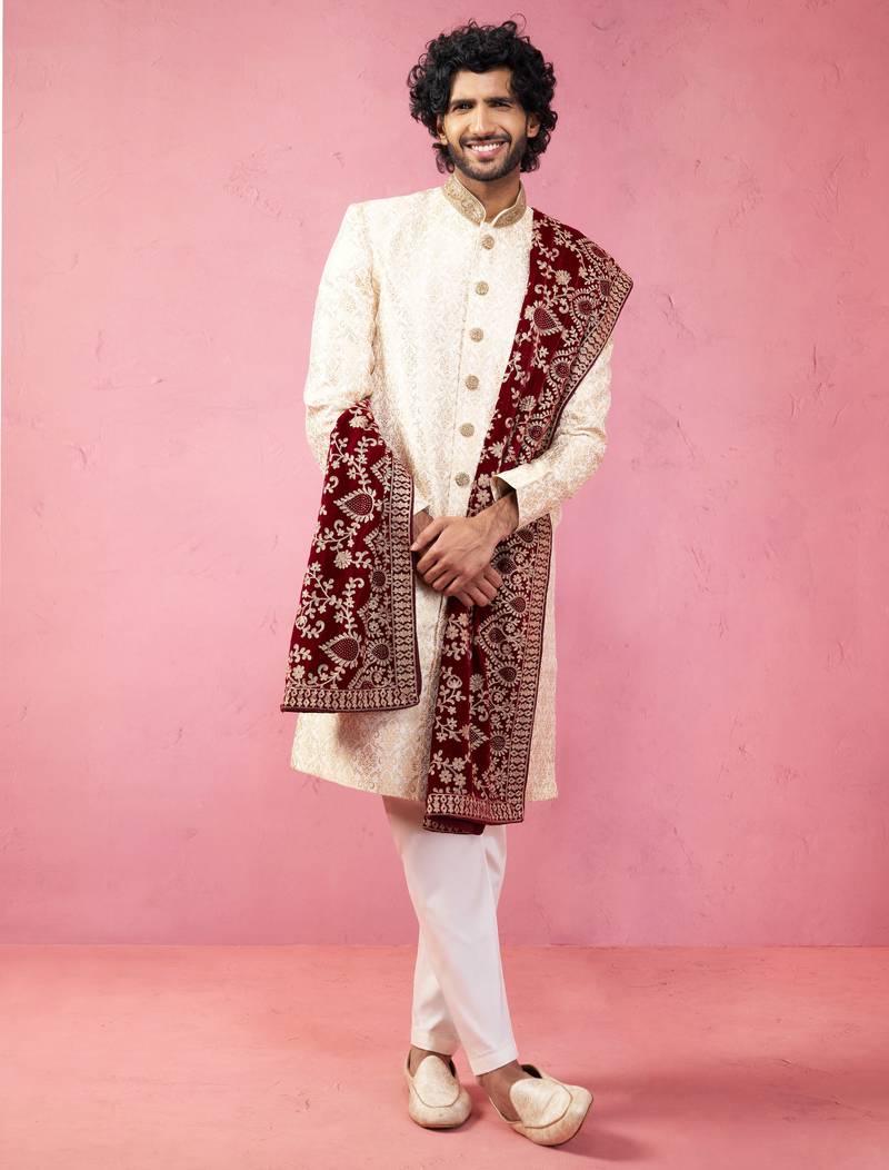 beige sherwani set with cream pyjama & maroon velvet dupatta - wedding set