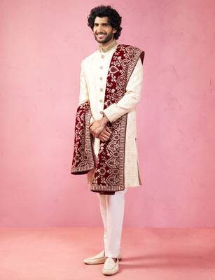 beige sherwani set with cream pyjama & maroon velvet dupatta - wedding set 4