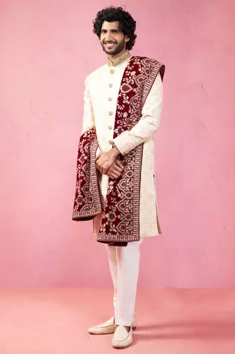 beige sherwani set with cream pyjama & maroon velvet dupatta - wedding set