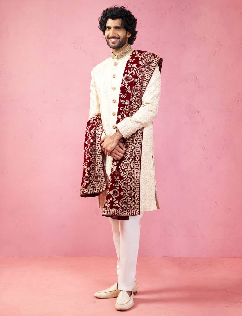 beige sherwani set with cream pyjama & maroon velvet dupatta - wedding set