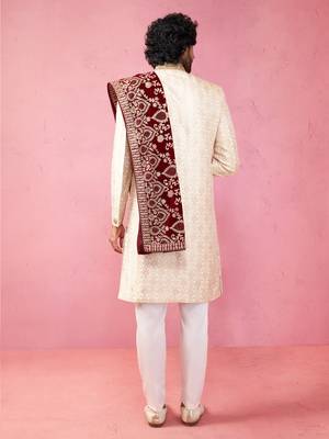 beige sherwani set with cream pyjama & maroon velvet dupatta - wedding set 5