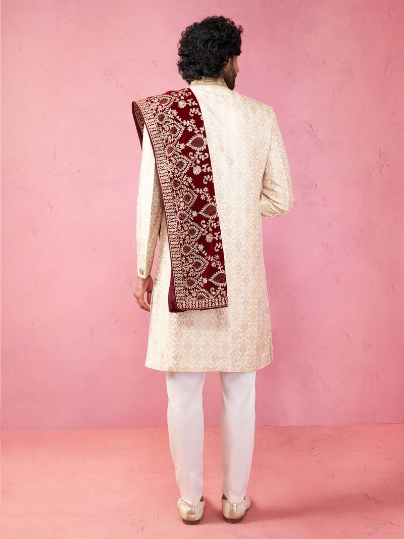 beige sherwani set with cream pyjama & maroon velvet dupatta - wedding set