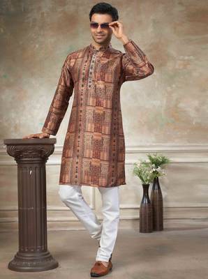 Blue colour premium silk digital print kurta pajama menswear collection 2