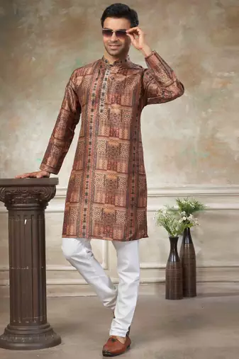Blue colour premium silk digital print kurta pajama menswear collection