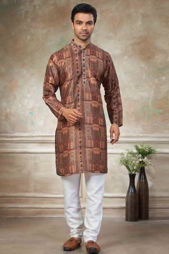 Brown colour premium silk digital print kurta pajama menswear collection