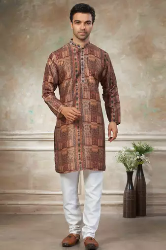 Brown colour premium silk digital print kurta pajama menswear collection